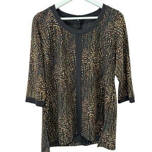 Allison Daley Earthtone Brown, Cream, Red Polka Dot 3/4 Sleeve Tunic Blouse